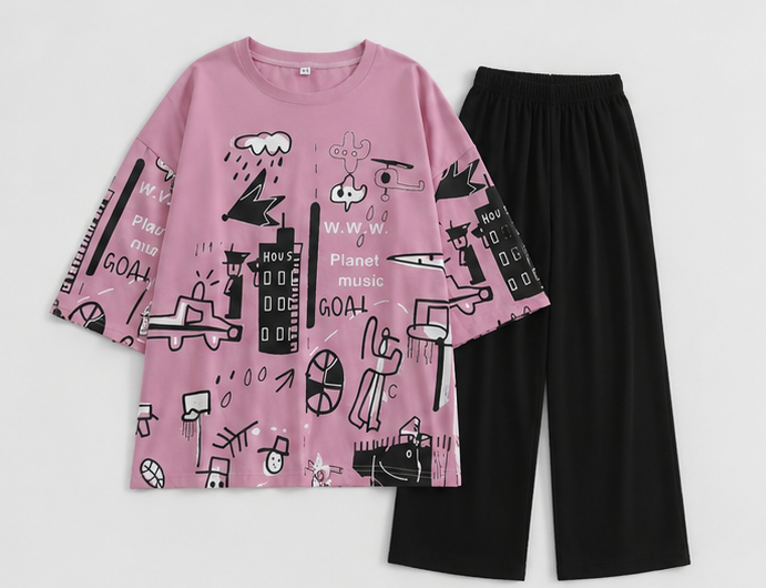 Pink Planet Music With Black Pajama Printed Night Suit