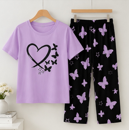 Purple Heart and Butterfly Printed Night Suit