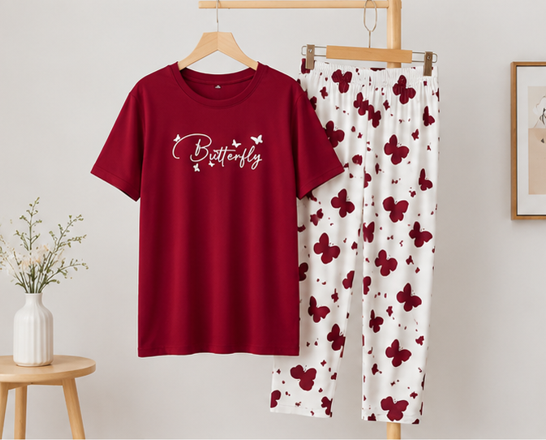 Mehroon Small Butterfly Printed Night Suit