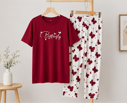 Mehroon Small Butterfly Printed Night Suit