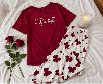 Mehroon Small Butterfly Printed Night Suit