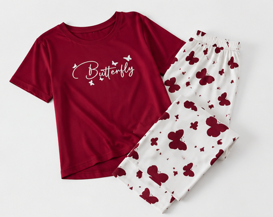 Mehroon Small Butterfly Printed Night Suit