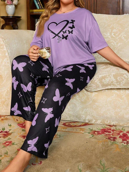 Purple Heart and Butterfly Printed Night Suit