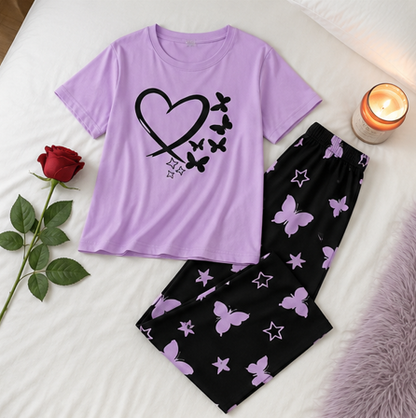 Purple Heart and Butterfly Printed Night Suit