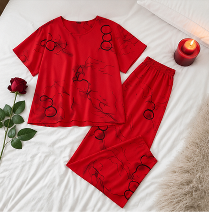 Red Ring Printed Capri Night Suit