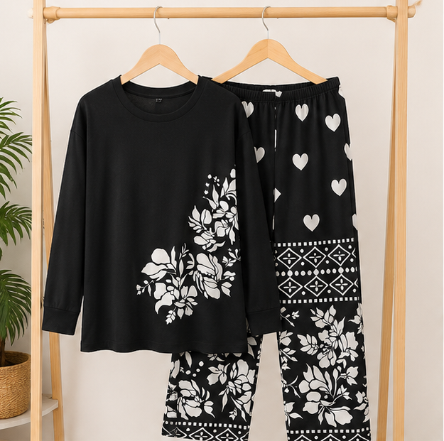 Black Leaves Printed Night Suit