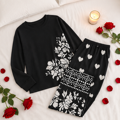 Black Leaves Printed Night Suit