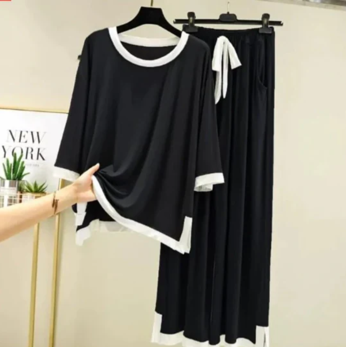 Plain Black Tshirt With White Round Neck And PLazo Pajama