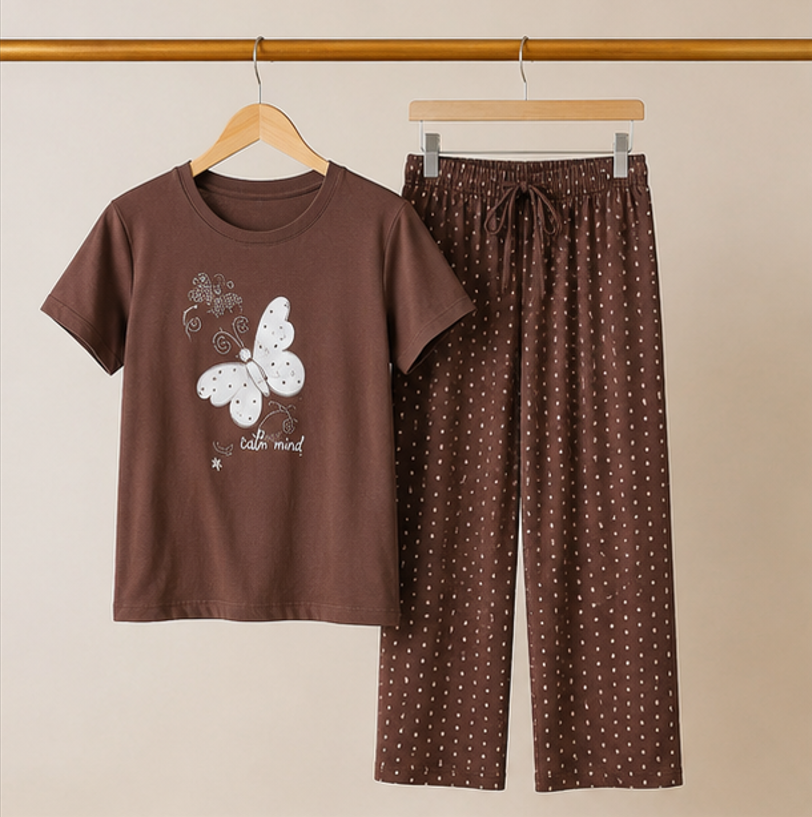 Brown Butterfly Printed Night Suit