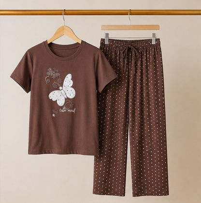 Brown Butterfly Printed Night Suit