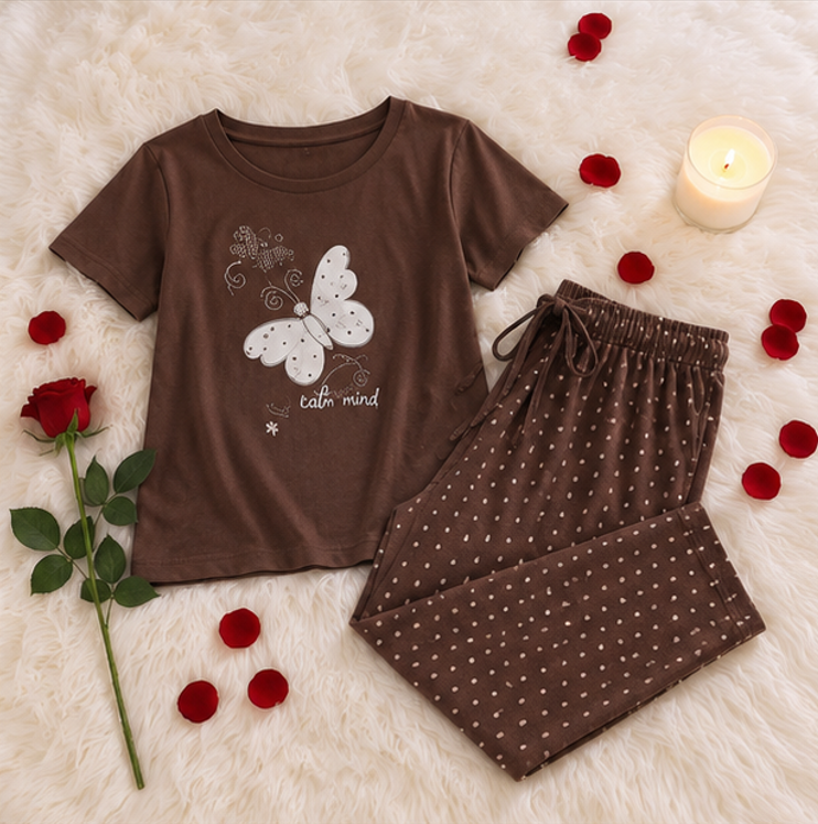 Brown Butterfly Printed Night Suit