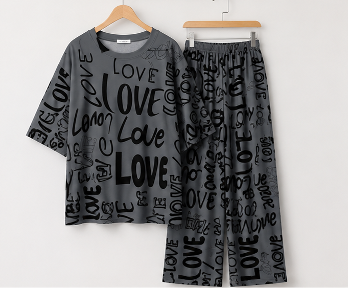 Charcoal Drop Shoulder Printed Night Suit