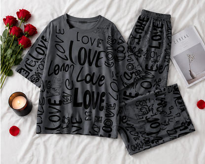 Charcoal Drop Shoulder Printed Night Suit