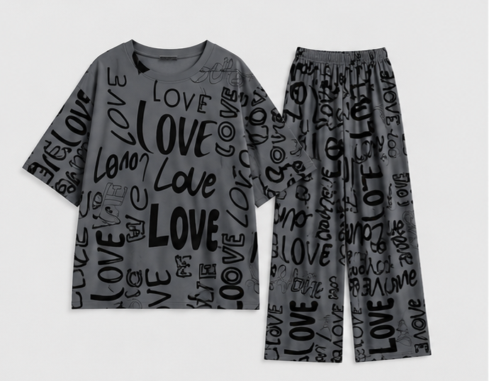 Charcoal Drop Shoulder Printed Night Suit