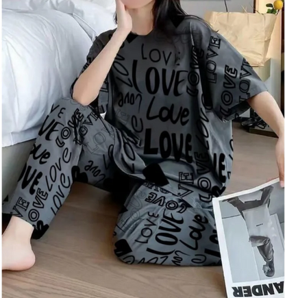 Charcoal Drop Shoulder Printed Night Suit