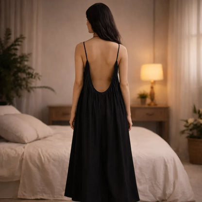 Premium Gathered Cotton Jersey Maxi Dress – Spaghetti Strap Long Backless Cami (Summer | Maternity | Nightwear Comfort Fit)