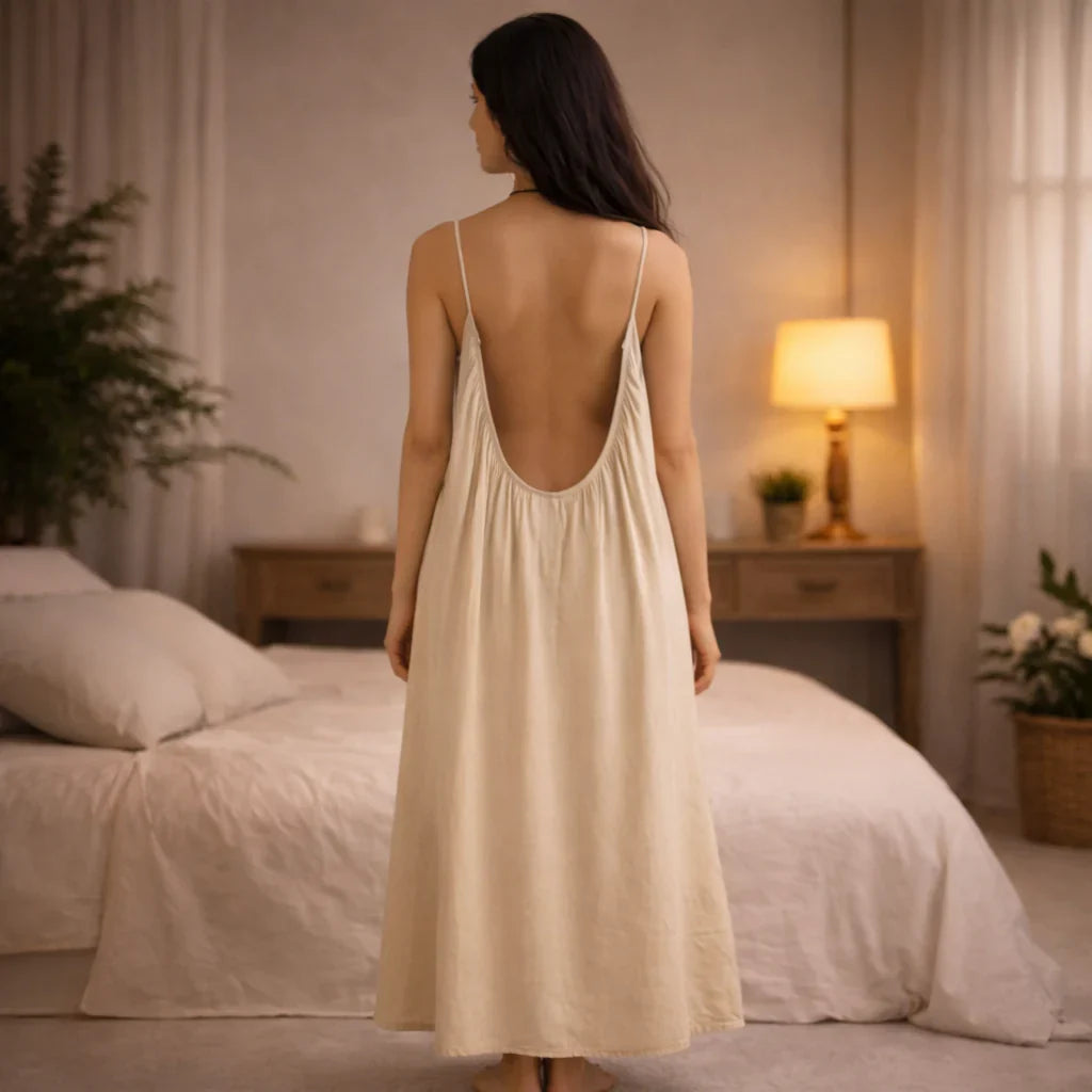 Premium Gathered Cotton Jersey Maxi Dress – Spaghetti Strap Long Backless Cami (Summer | Maternity | Nightwear Comfort Fit)