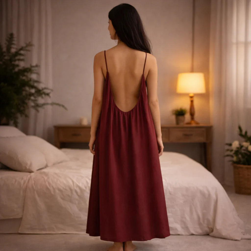 Premium Gathered Cotton Jersey Maxi Dress – Spaghetti Strap Long Backless Cami (Summer | Maternity | Nightwear Comfort Fit)