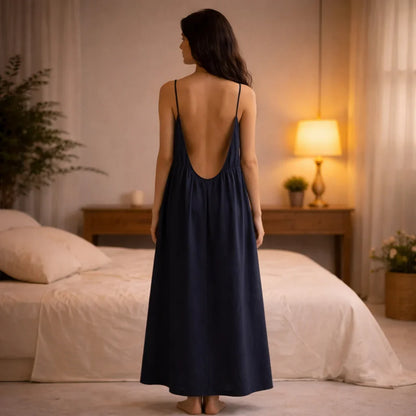 Premium Gathered Cotton Jersey Maxi Dress – Spaghetti Strap Long Backless Cami (Summer | Maternity | Nightwear Comfort Fit)