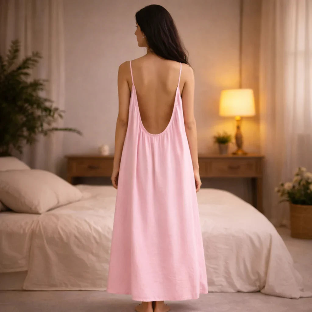 Premium Gathered Cotton Jersey Maxi Dress – Spaghetti Strap Long Backless Cami (Summer | Maternity | Nightwear Comfort Fit)