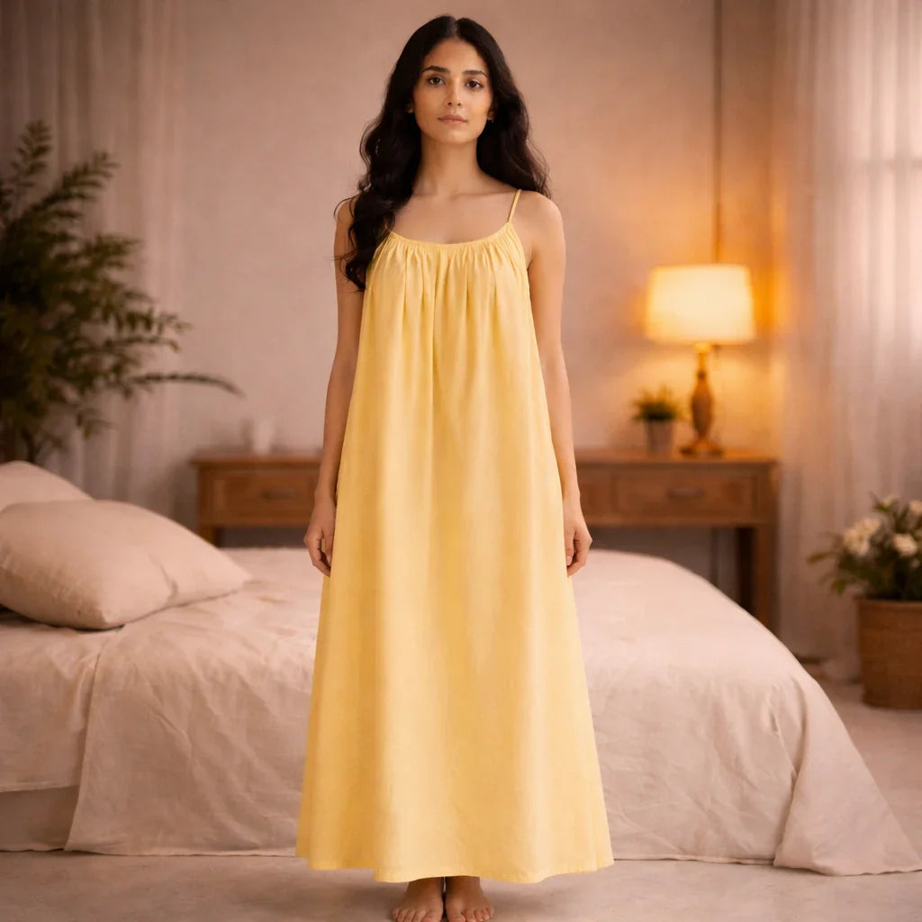 Premium Gathered Cotton Jersey Maxi Dress – Spaghetti Strap Long Backless Cami (Summer | Maternity | Nightwear Comfort Fit)