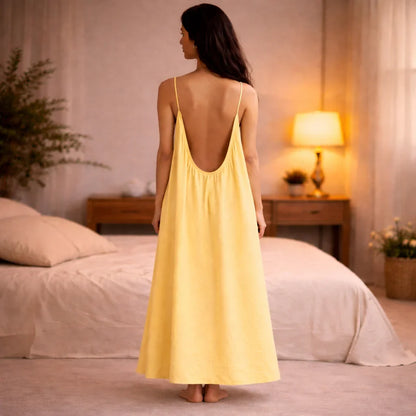 Premium Gathered Cotton Jersey Maxi Dress – Spaghetti Strap Long Backless Cami (Summer | Maternity | Nightwear Comfort Fit)