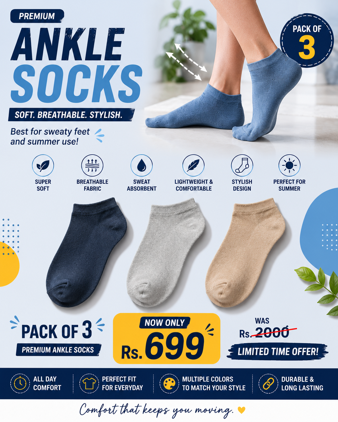 Pack of 3 - Premium Ankle Socks (Mixed Colors)