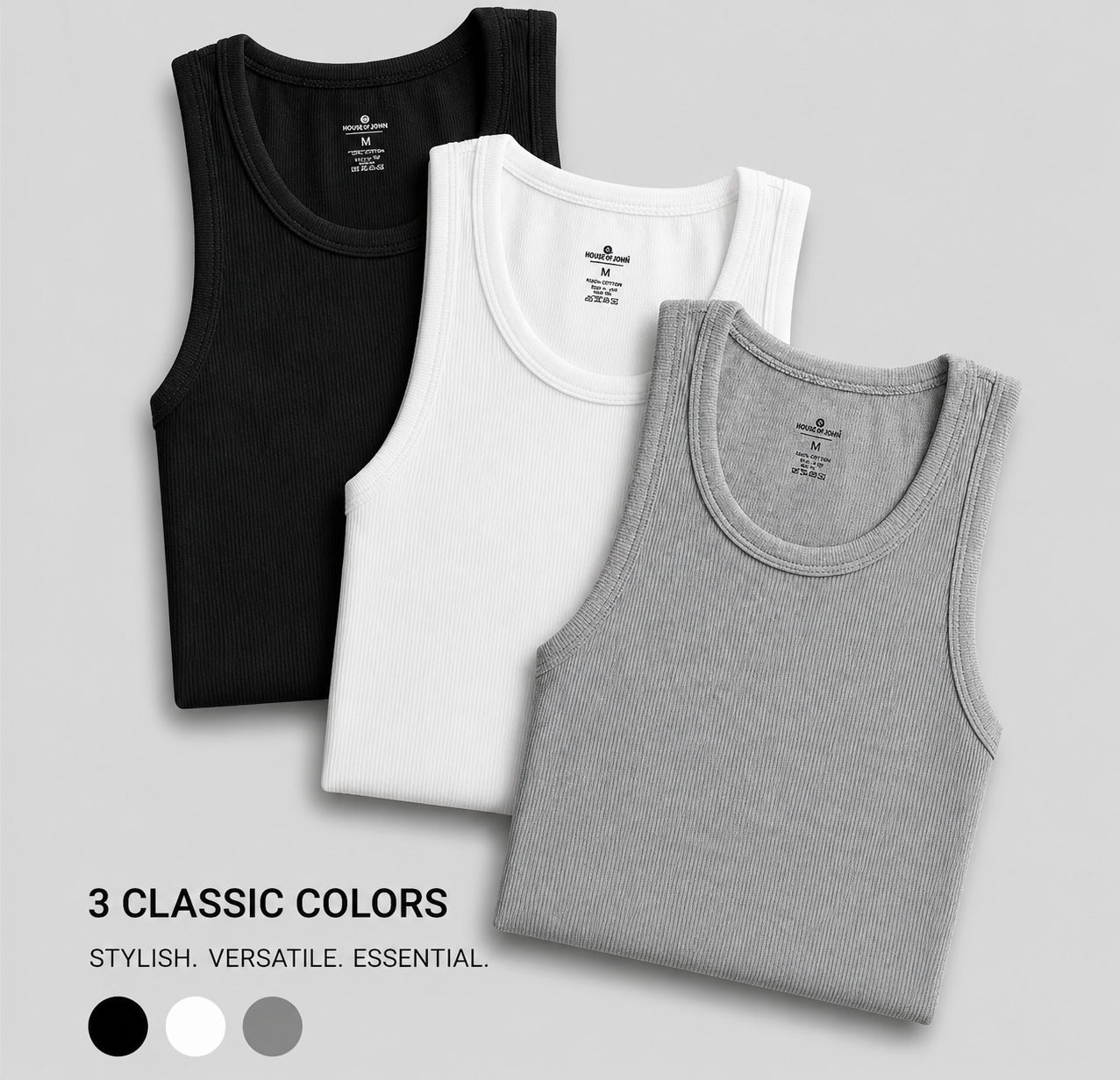 Pack Of 3 Cotton ribbed vests ( 1 Black, 1 white,1 Grey)