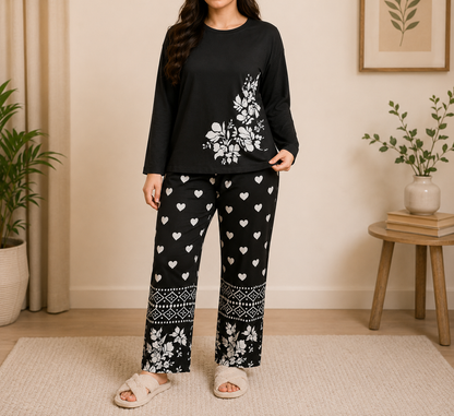 Black Leaves Printed Night Suit