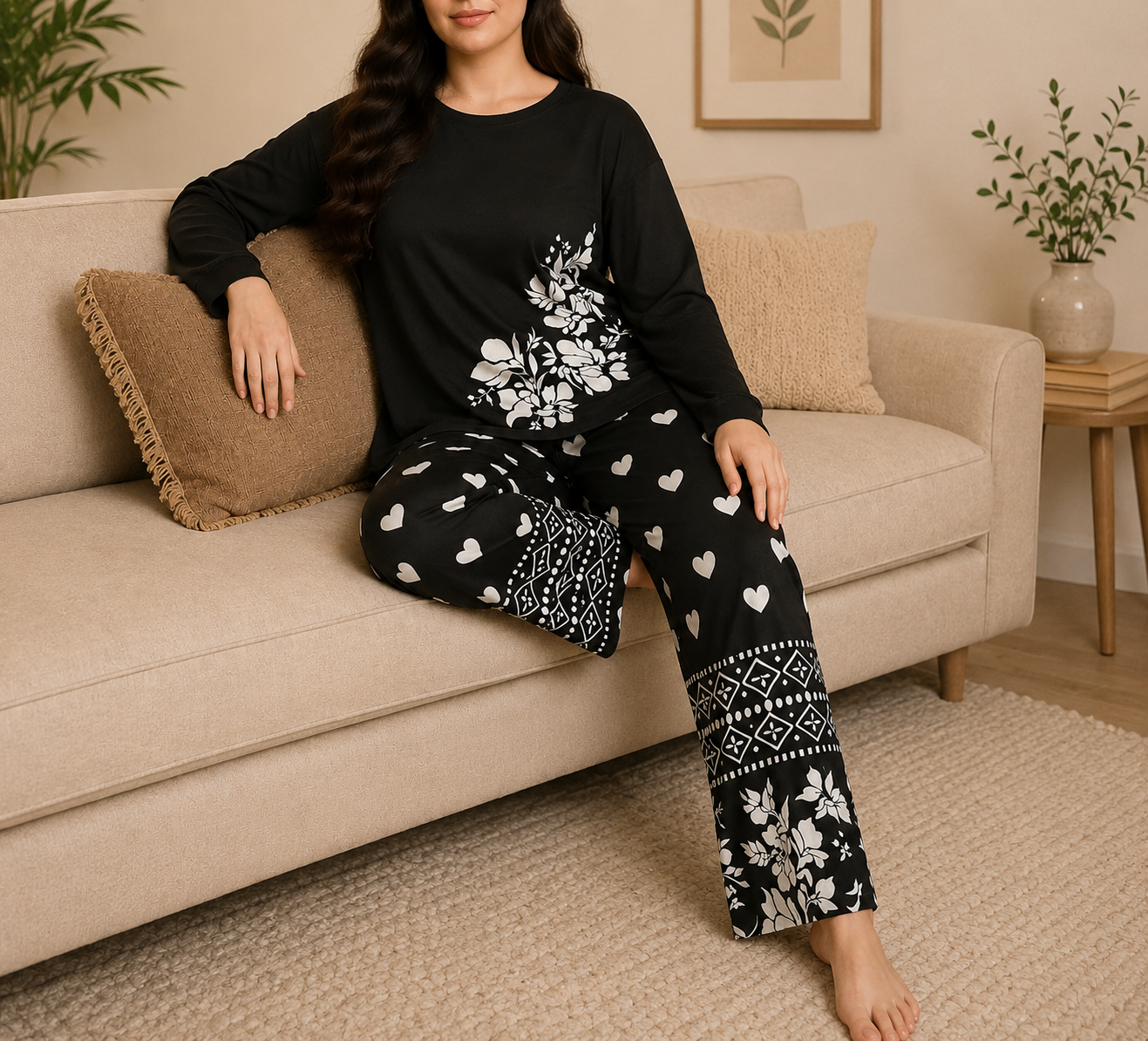 Black Leaves Printed Night Suit