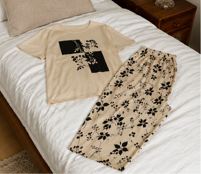 Cream Leaves Printed Night Suit Half Slevees