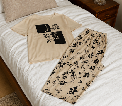 Cream Leaves Printed Night Suit Half Slevees