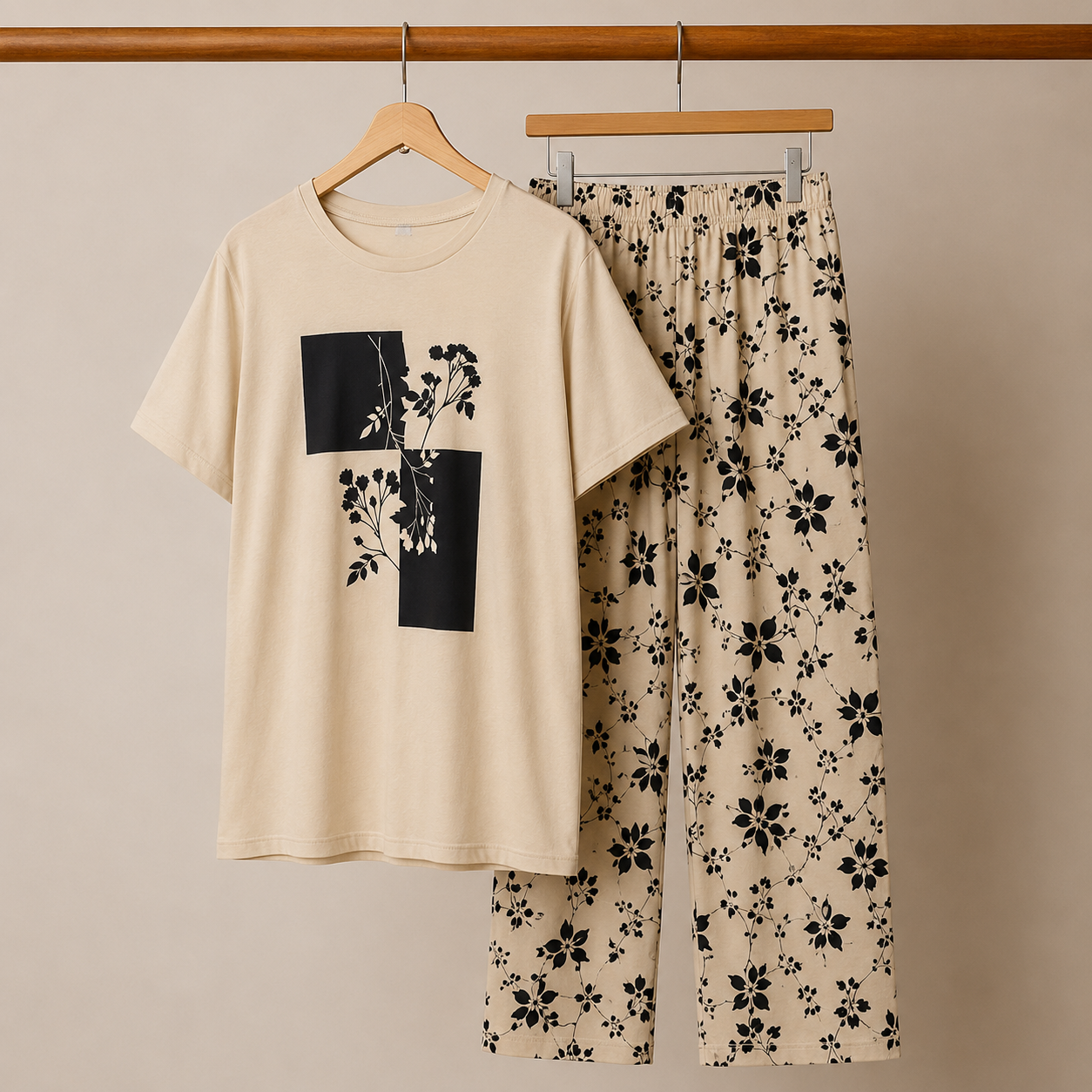 Cream Leaves Printed Night Suit Half Slevees