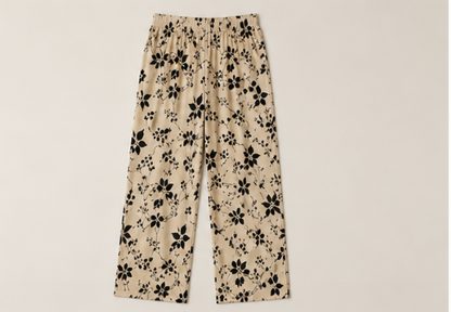 Cream Leaves Printed Night Suit Half Slevees
