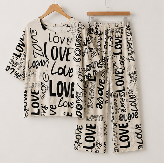 Drop Shoulder Love Printed Night Suit