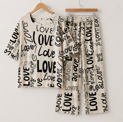 Drop Shoulder Love Printed Night Suit