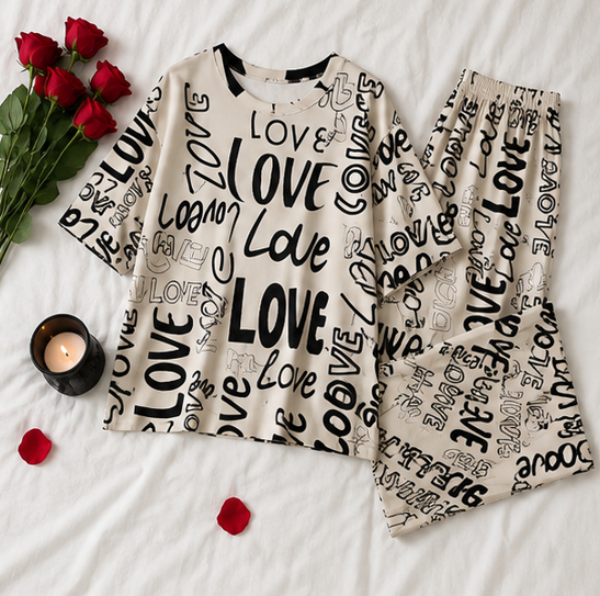 Drop Shoulder Love Printed Night Suit