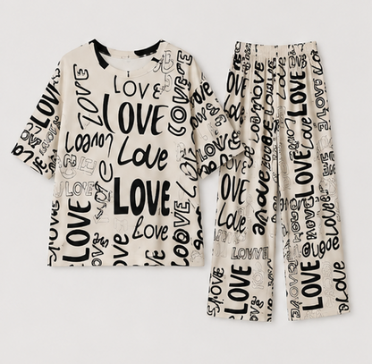 Drop Shoulder Love Printed Night Suit