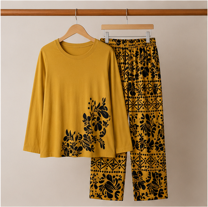 Golden Leaves Printed Night Suit