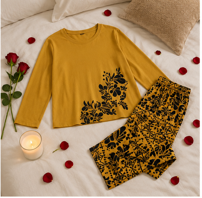 Golden Leaves Printed Night Suit