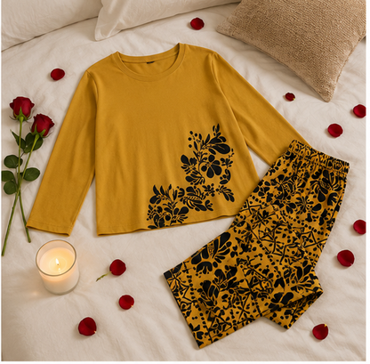 Golden Leaves Printed Night Suit