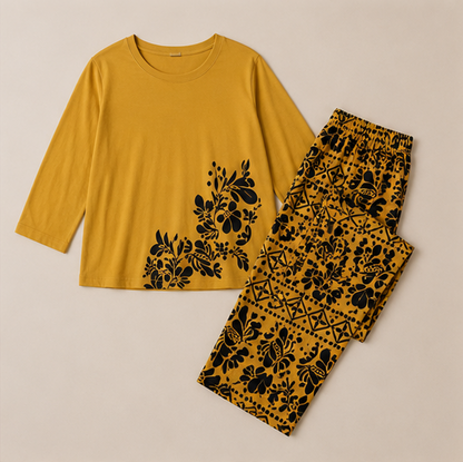 Golden Leaves Printed Night Suit