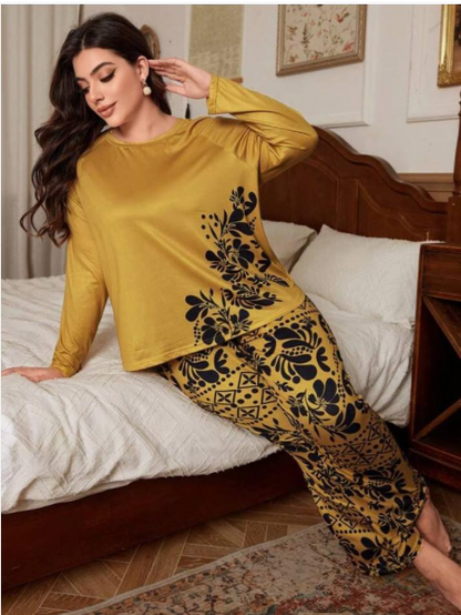 Golden Leaves Printed Night Suit