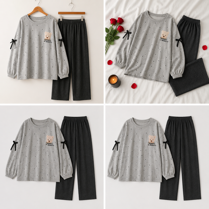 Gray Bear Printed Night Suit