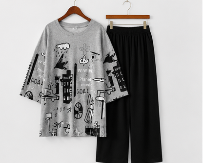 Grey Planet Music With Black Pajama Printed Night Suit
