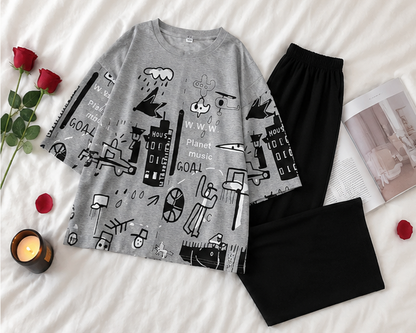 Grey Planet Music With Black Pajama Printed Night Suit