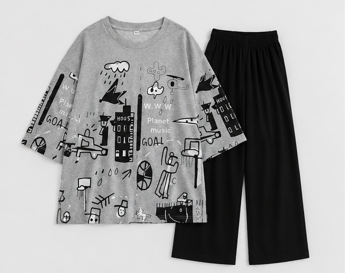Grey Planet Music With Black Pajama Printed Night Suit