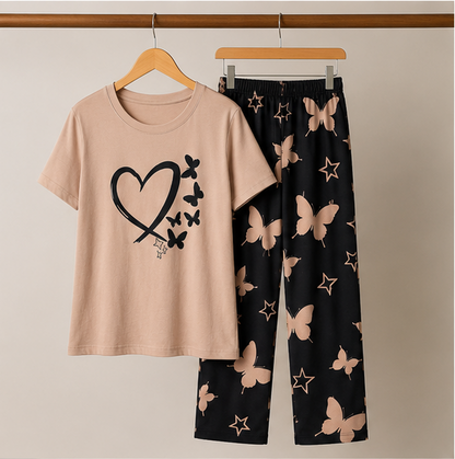Heart & Butterfly Printed Night Suit