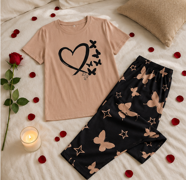 Heart & Butterfly Printed Night Suit
