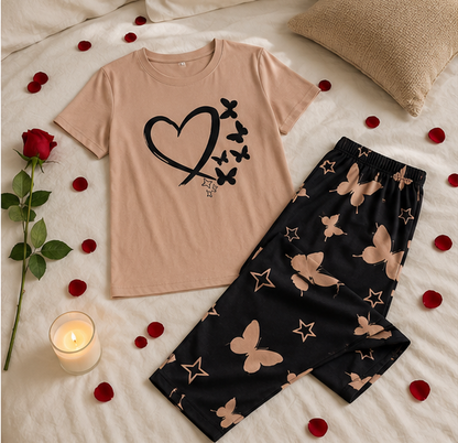 Heart & Butterfly Printed Night Suit